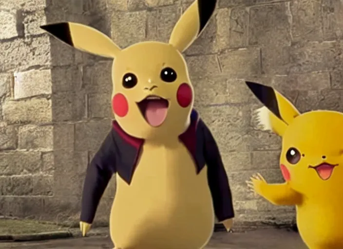 Image similar to a film still of professor pikachu in harry potter