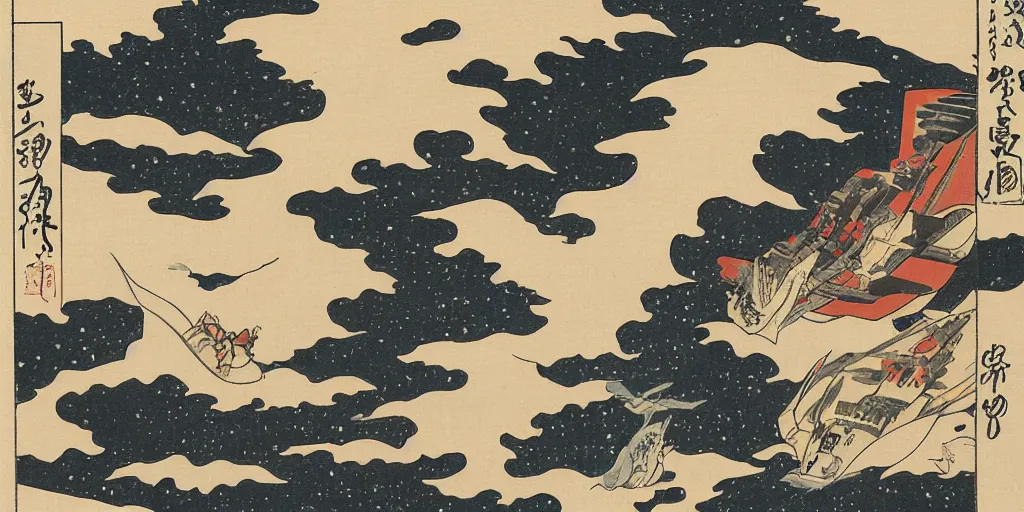 Image similar to space battle dogfight in style of katsushika hokusai, highly detailed, woodblock print
