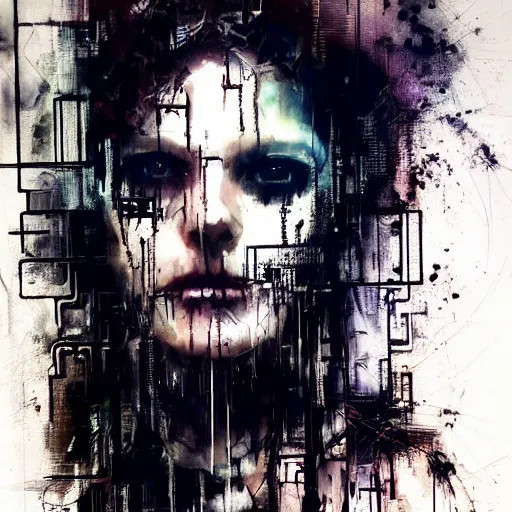 Image similar to a cyberpunk gothic noir musician, skulls, wires cybernetic implants, synthesizers and electronic equipment, machine noir grimcore in cyberspace photoreal, atmospheric by jeremy mann francis bacon and agnes cecile, ink drips paint smears digital glitches