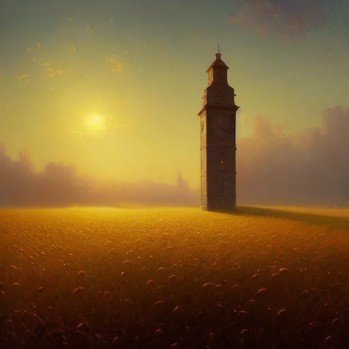 Image similar to a beautiful painting of a clock tower in a field of golden wheat by ivan aivazovsky and greg rutkowski and rhads, in style of digital art. hyper detailed, sharp focus, soft light. octane render. ray tracing. trending on artstation