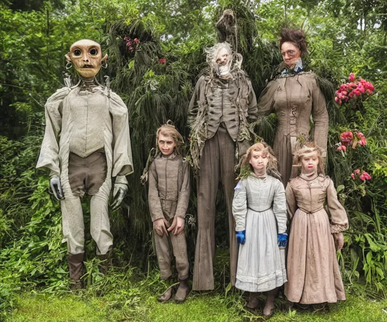 Prompt: still from a sci fi blockbuster movie made in 2022, set in 1860, of a family standing next to some strange wild alien plants and flowers, family are wearing 1850s era clothes, a humanoid alien standing nearby, in a park on a strange alien planet, good lighting, 4k, in focus faces, detailed faces, good photography, oscar winner, 35mm macro lens