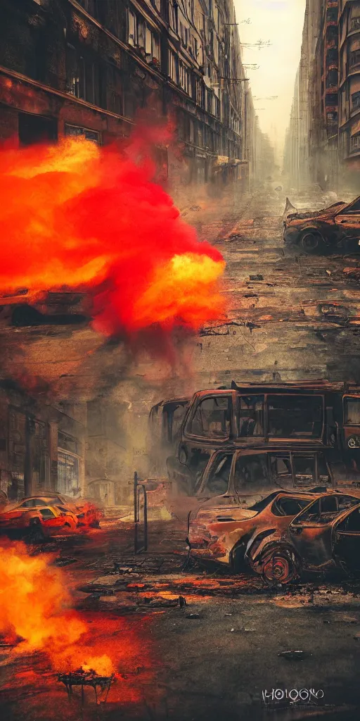 Image similar to post - apocalyptic kreuzberg streets, burned cars, explosions, colorful smoke, hyperrealistic, gritty, damaged, dark, urban photography, photorealistic, high details