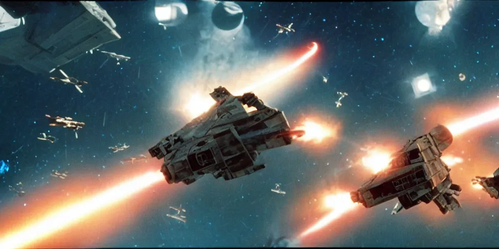 Image similar to a still from a film of a live action STAR WARS space battle, 35mm, directed by Steven Spielberg, miniatures, ILM, 4k, 1997