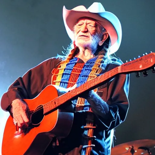 Image similar to willie nelson on stage, four fingers holdingguitar. god rays through fog.