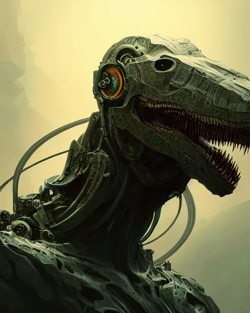 Image similar to mecha male t rex portrait, cyborg, intricate mechanical body, robot eyes, hyper realistic 3 d render by jonas roscinas, peter mohrbacher, greg rutkowski, ryohei hase, dramatic lighting, intricate, highly detailed, sharp focus, luminous, unreal engine, blender, artstation, masterpiece, ray tracing