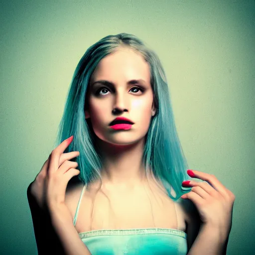 Prompt: a photo of a beautiful woman. moody and melanchonic. with a little bit of cyan and pink