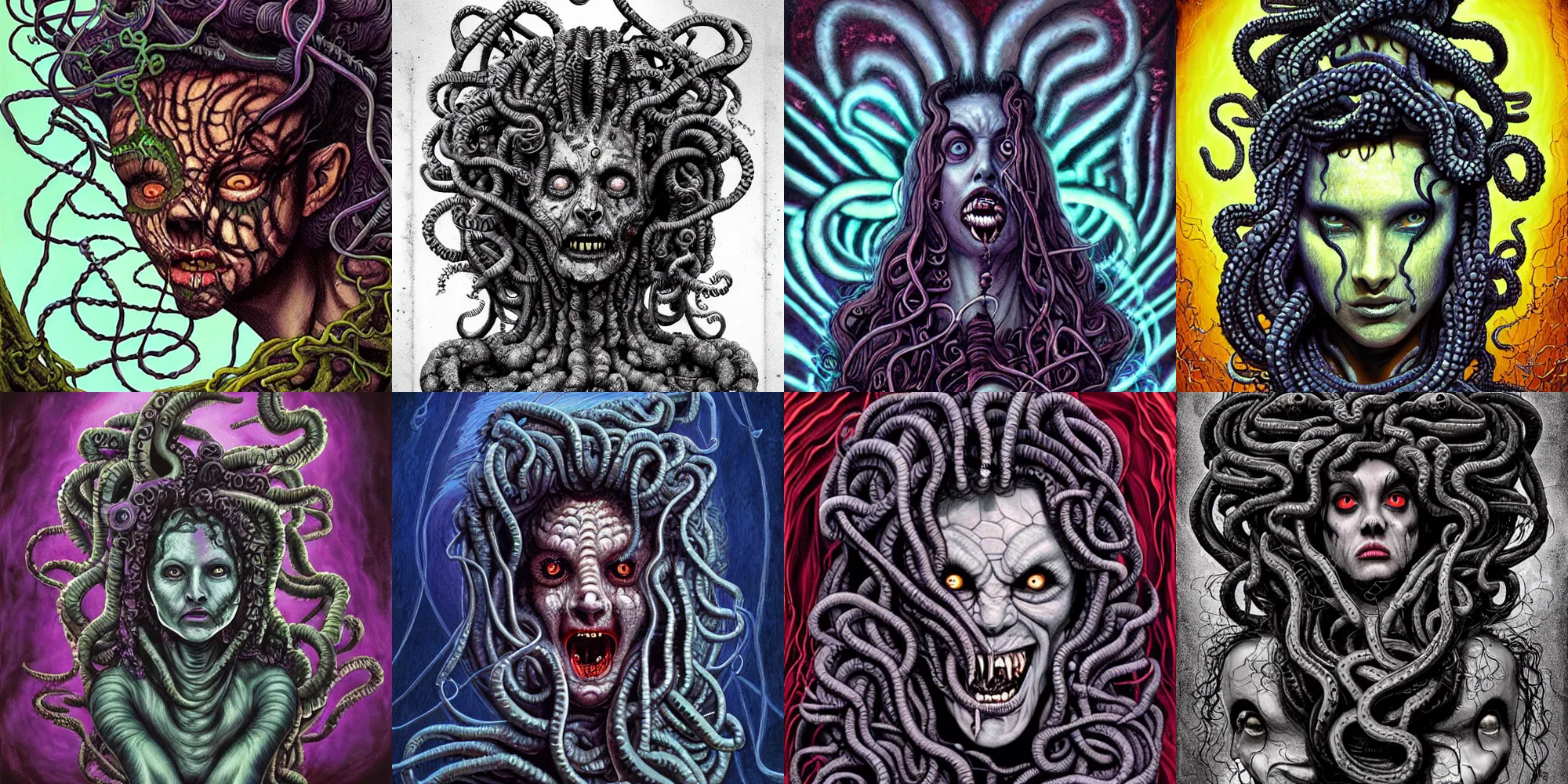 Prompt: scary creepy medusa gorgon, horror poster 9 0 s, cosmic horror, abstract, ghostly, arcade, duotone, poltergeist, lets get weird, intricate, elegant, highly detailed, digital painting, artstation, smooth, sharp focus, art by mondo, julian del rey and greg rutkowski, david la chapelle, ultraviolet colors,