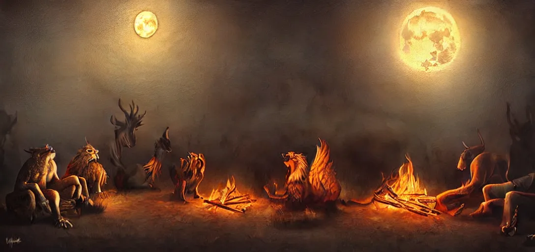 Image similar to strange mythical beasts of sitting around a fire under a full moon, surreal dark uncanny painting by ronny khalil