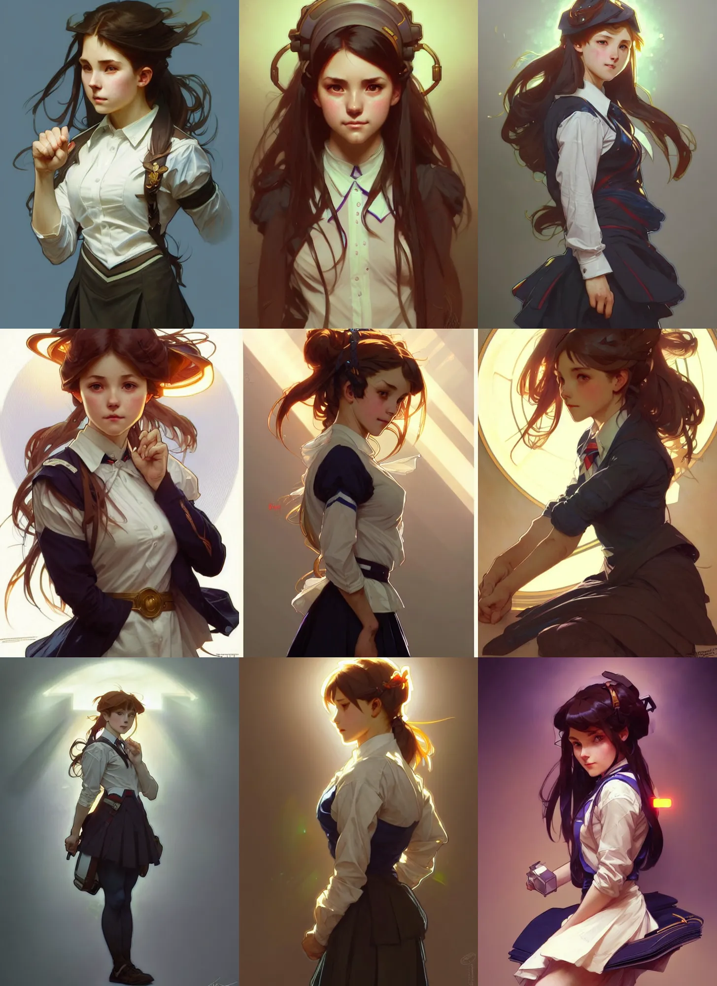 Image similar to a digital concept art by artgerm and greg rutkowski and alphonse mucha. clear portrait of a squatting attractive school girl in uniform!!, light effect. hyper detailed, character concept, glowing lights!! intricate, elegant, digital painting, artstation, smooth, sharp focus