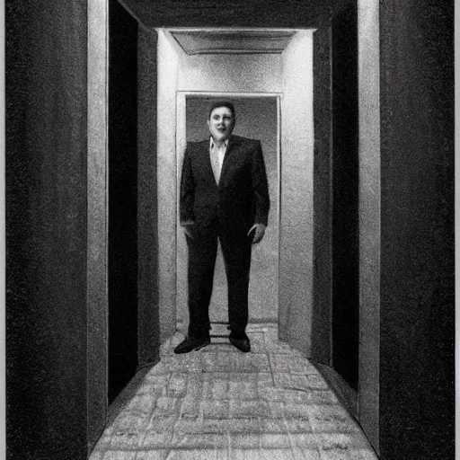 Image similar to Ted Cruz with a wide grin peaking through a door in the distance at the end of a narrow corridor, black and white, creepy lighting, scary, horror, ornate, eerie, fear, oil painting