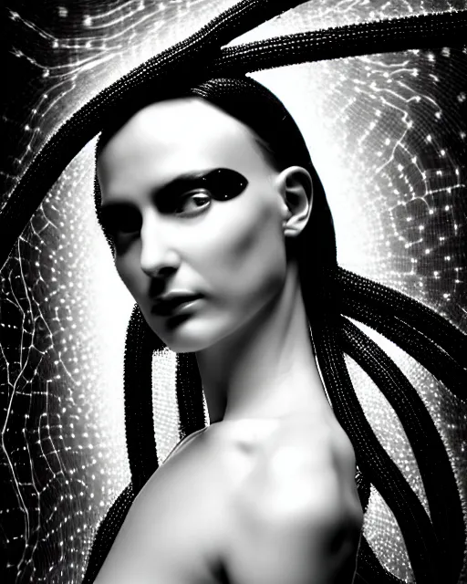 Image similar to black and white cyborg - plant goddess high quality photo, microchip, artificial intelligence, bio - mechanical bio - luminescence, black wired cables, neurons, nerve cells, cinematic, rim light, photo - realistic, high detail, 8 k, masterpiece, high fashion, in the style of steven meisel dora maar h. g. giger