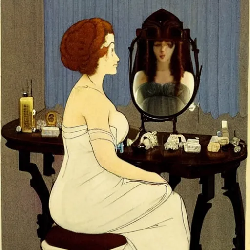 Prompt: a young woman seated at a dressing table, looking at herself in a mirror. She is wearing a white dress and a pearl necklace. Her hair is styled in a loose updo. On the table in front of her are several perfume bottles and a box of powder. dieselpunk by John Bauer
