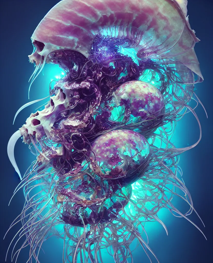 Image similar to goddess close-up portrait goat skull. jellyfish phoenix head, nautilus, orchid, skull, betta fish, bioluminiscent creatures, intricate artwork by Tooth Wu and wlop and beeple. octane render, trending on artstation, greg rutkowski very coherent symmetrical artwork. cinematic, hyper realism, high detail, octane render, 8k