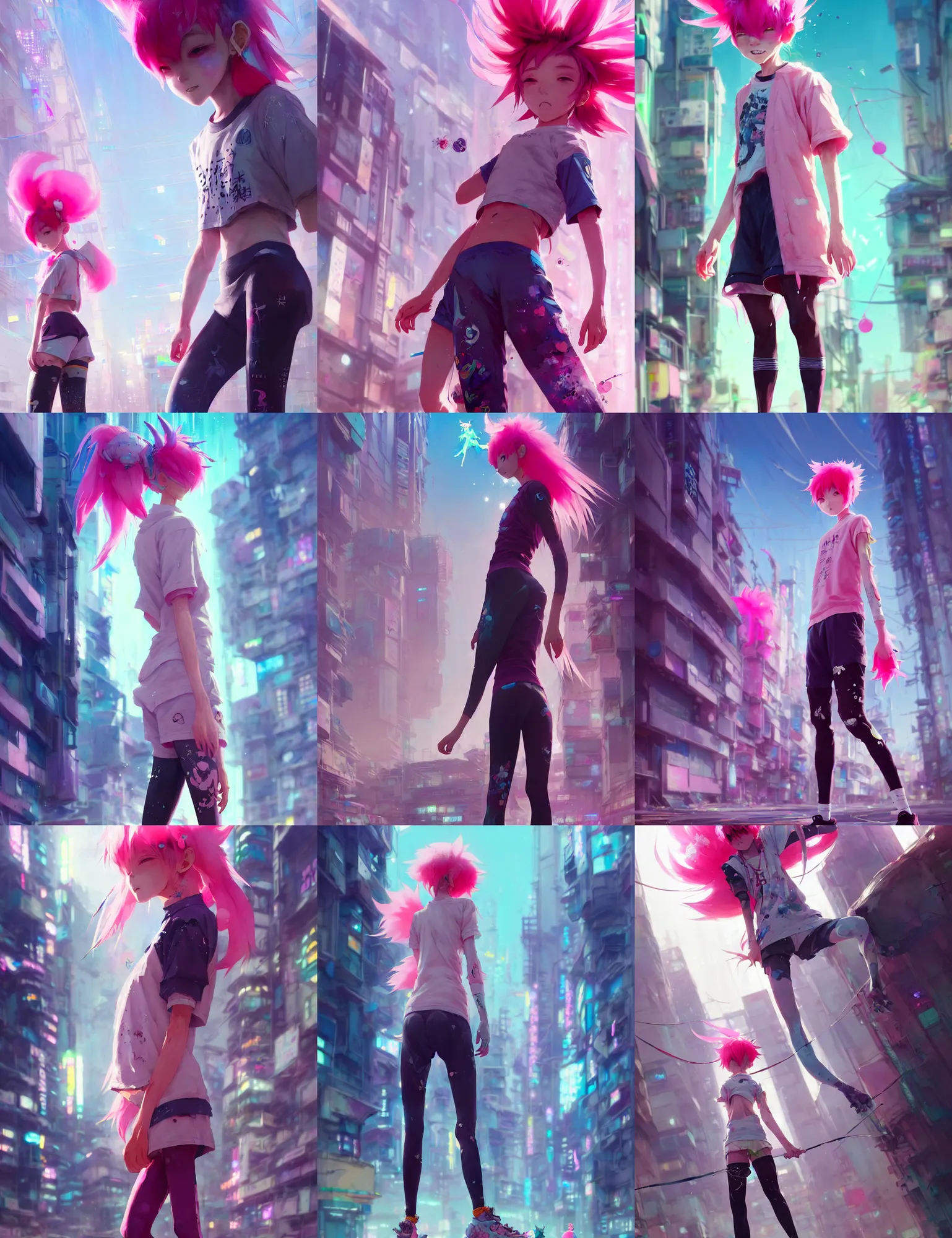 Prompt: a beautiful portrait of a cute anime boy with pink hairs wearing sport clothing and leggings under shorts standing barefoot in cyberpunk city. character design by cory loftis, fenghua zhong, ryohei hase, ismail inceoglu and ruan jia. artstation, volumetric light, detailed, photorealistic, fantasy, rendered in octane