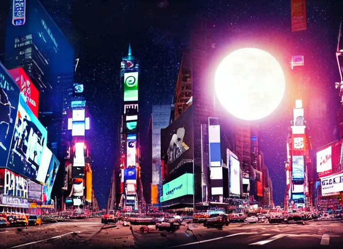 Image similar to film still of the moon shattering into pieces over time square in the new disaster movie, 8 k, night time