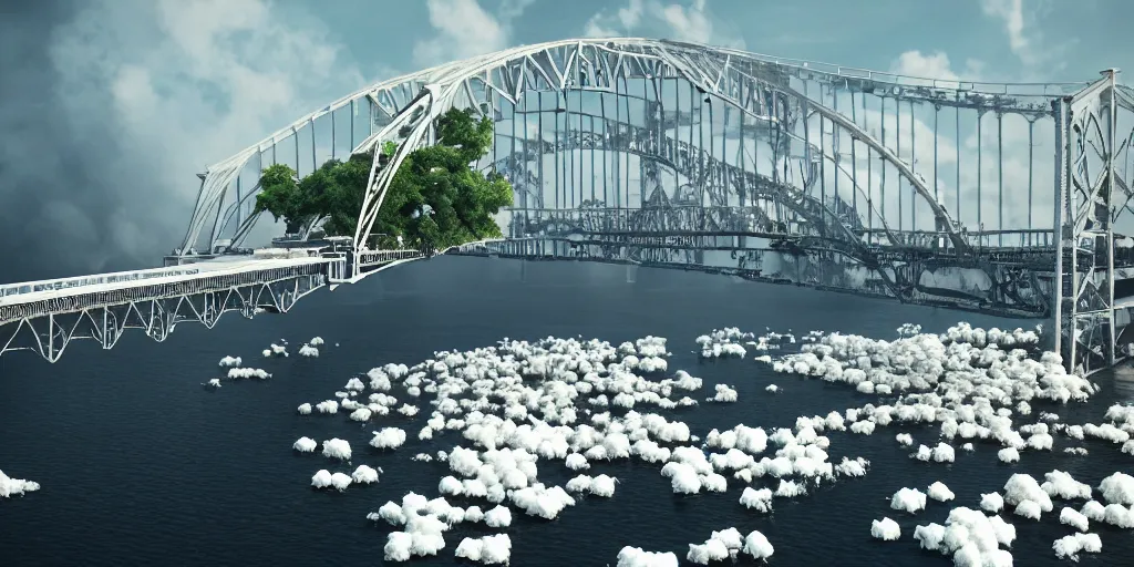 Image similar to explosions in the form of realistic white cotton plants on harbour bridge, huge white cotton everywhere on the destroyed harbour bridge, smooth, sharp focus, highly detailed, 3 d octane render, epic lighting, lots of white cotton, 8 k, by rhads