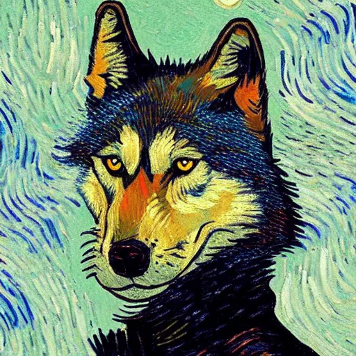 Image similar to A wolf, van gogh style, 8k, high quality, red blue color