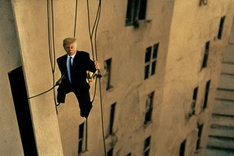 Prompt: movie still of donald trump in mission impossible hanging cable drop, photograph, tv show, cinematic