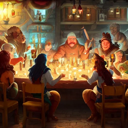 Prompt: a crowded tavern with candels on the tables, people drinking beer, fantasy art, trending on Artstation