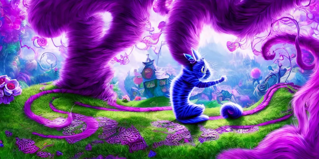 Image similar to The Cheshire Cat, Alice in wonderland, colorful, wide angle, super highly detailed, professional digital painting, artstation, concept art, smooth, sharp focus, no blur, no dof, extreme illustration, Unreal Engine 5, Photorealism, HD quality, 8k resolution, cinema 4d, 3D, beautiful, cinematic, art by artgerm and greg rutkowski and alphonse mucha and loish and WLOP