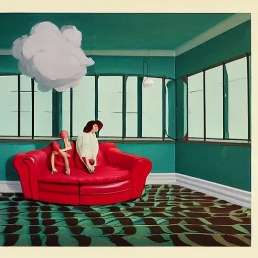 Prompt: spherical people with clouds at red green art deco living room, open ceiling, highly detailed, painted by Francis Bacon and Edward Hopper, painted by James Gilleard, surrealism, airbrush, art by JamesJean