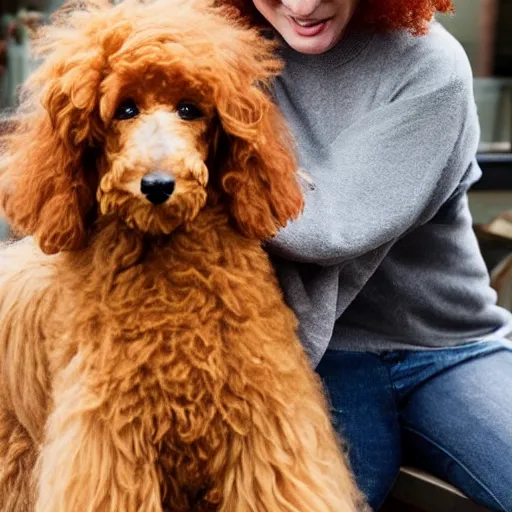 Image similar to a beautiful pale woman with orange hair holding both a curly headed baby boy and also a brown poodle, abstract