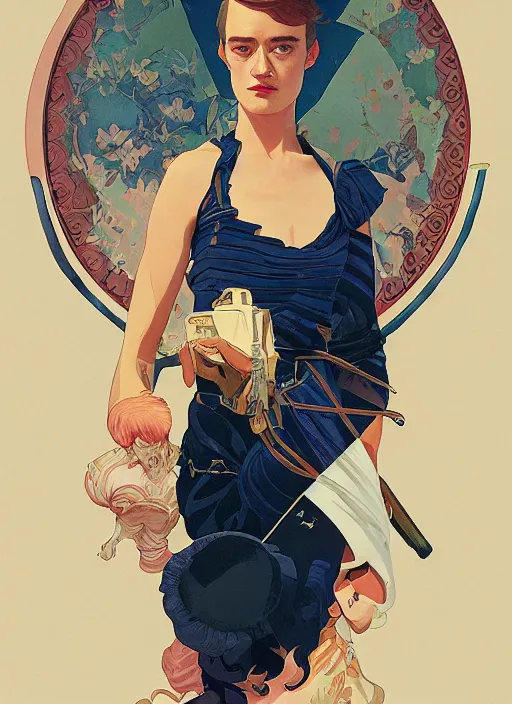 Prompt: mackenzie davis actress, mucha, hard shadows and strong rim light, art by jc leyendecker and atey ghailan and sachin teng