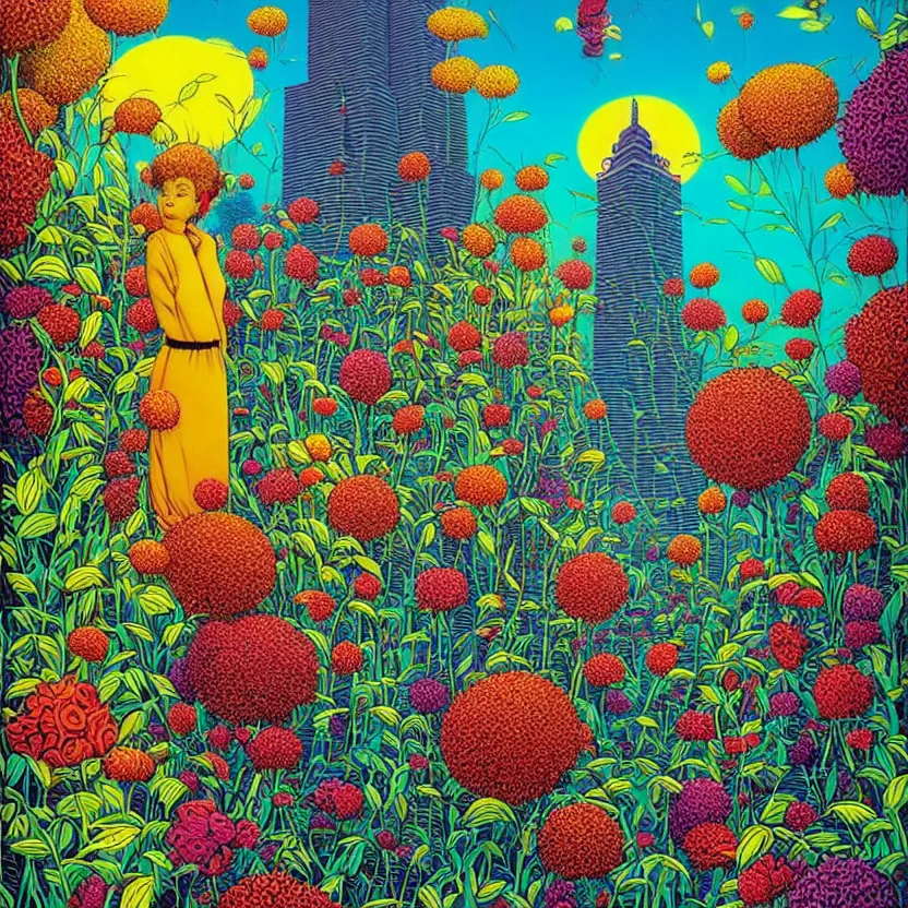 Image similar to surreal glimpse into other universe, mahanakorn tower, summer morning, very coherent and colorful high contrast, art by!!!! rafal olbinski!!!!, geof darrow, floralpunk screen printing woodblock, dark shadows, hard lighting, stipple brush technique,
