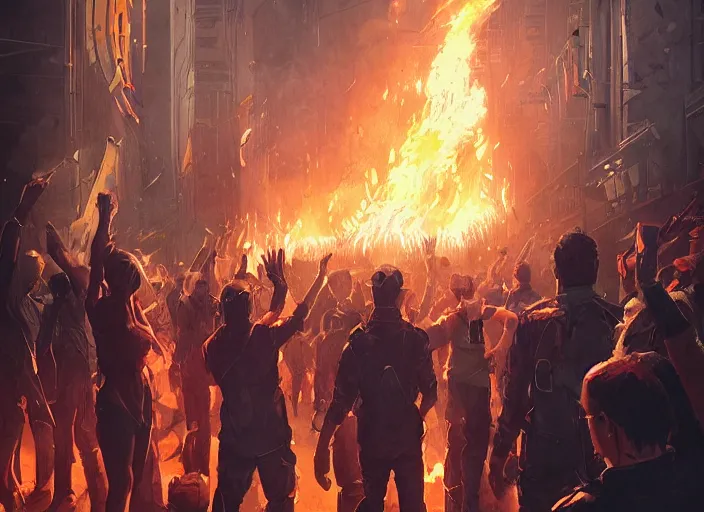 Image similar to protesters holding placards, detailed digital illustration by greg rutkowski, fire, android netrunner