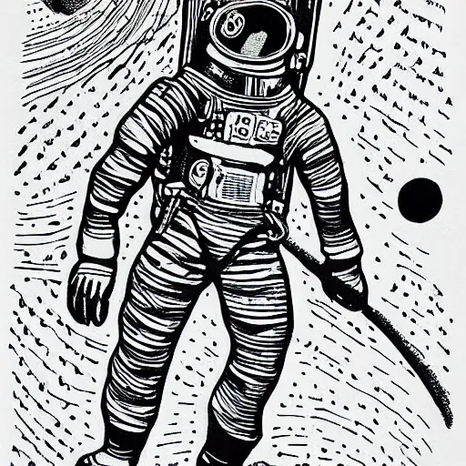 Prompt: astronaut on the moon walking, silhouette, intricate ink drawing, highly detailed in the style of jamie hewlett