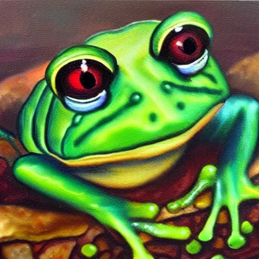 Image similar to beautiful oil painting painting of a frog wearing a crown in swamp