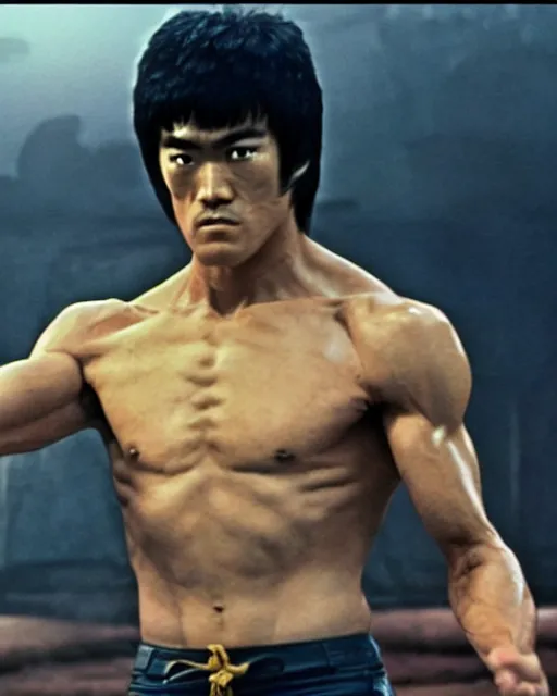 Prompt: bruce lee as kenshiro in live action fist of northstar movie, a bright glow surrounds his body, particle effects, hyperreal, post apocalyptic, mutants, martial arts, cinematic