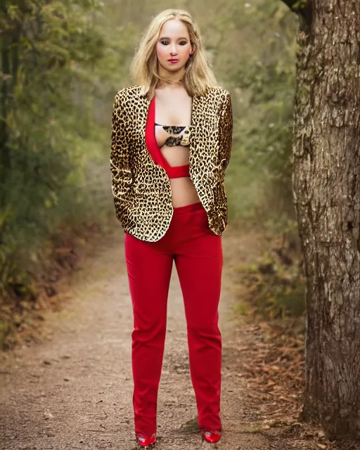 Image similar to A studio photo in the Style of Annie Leibovitz of Jennifer Lawrence wearing Leopard pants with red sequins down sides and red tulle leather blouse , bokeh, 90mm, f/1.4