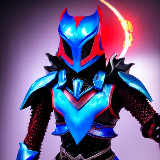 Image similar to High Fantasy Dragon Kamen Rider, blue armor with red secondary color, 4k, glowing eyes in helmet, daytime, chainmail, rubber suit,