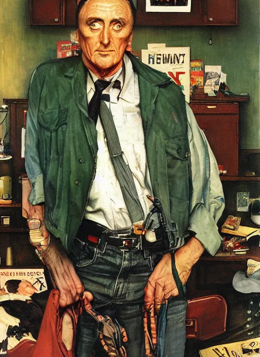 Image similar to full body and head portrait of dennis hopper in a dark and dingy apartment, painted by norman rockwell and tom lovell and everett raymond kinstler, green, dystopian