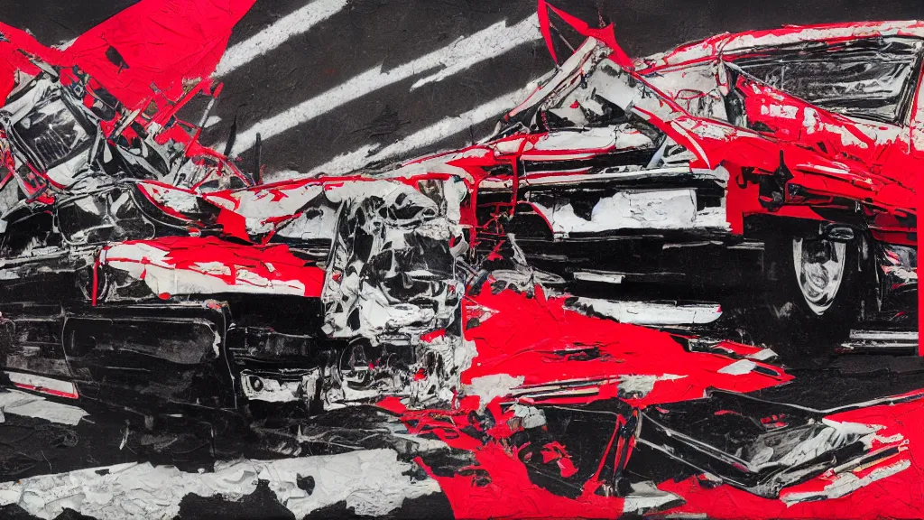 Image similar to lowrider crash test, collage paper and tape, black and red oil, acrylic on canvas, expressionism, high resolution, cinematic, unreal 6 breathtaking detailed, by blake neubert