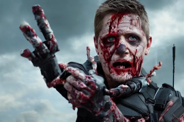 Prompt: film still of zombie Hawkeye as a zombie in new avengers movie, 4k