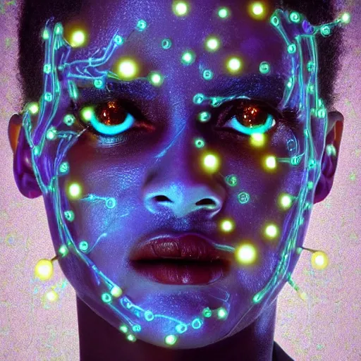 Prompt: medium shot portrait of a human who has been artificially embellished with computer circuitry and devices within its brain and nervous system, semi - translucent skin, piercing glare in the eyes, dark bokeh in background, light from top right, diverse textures in skin, unique coloring