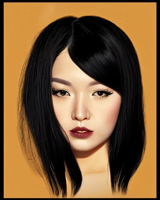 Image similar to A portrait painting of a gorgeous woman long black hair frowning, in the style of Audrey Kawasaki, octane render, highly detailed