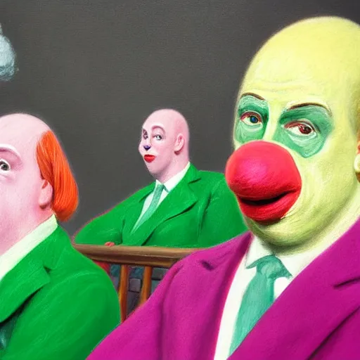 Image similar to a highly detailed beautiful portrait close up hyper realistic painting of british members of parliament in the house of commons wearing pastel coloured clown costumes with pleasant oversized joyful faces, they are smoking. in the style of edward hopper, richard hamilton. concept art. green leather benches. photographic. concept. crisp digital art. no artefacts. desaturated. high fidelity facial portrait. 8 k