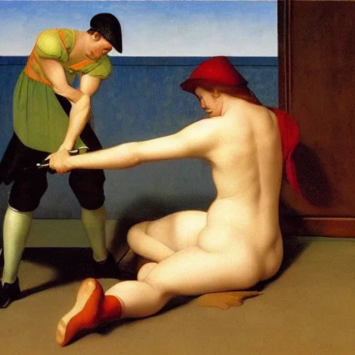 Prompt: a lovers quarrel with swords and knives by Raphael, Hopper, and Rene Magritte. detailed, romantic, enchanting, trending on artstation.