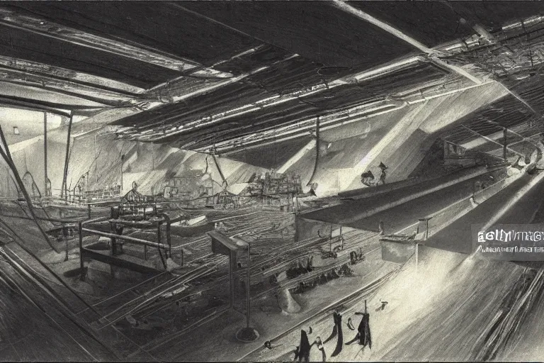 Image similar to isometric view of a factory floor, vats of radioactive slime, catwalks, industrial, glowing with silver light, painting by Franz Marc, by Jean-Léon Gérôme, by Winsor McCay, today's featured photograph, 16K