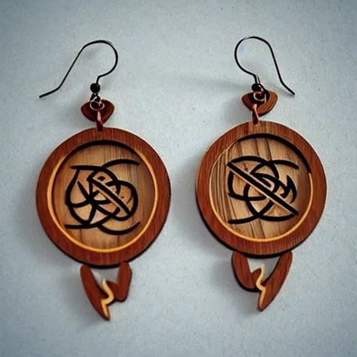 Image similar to 2 d wood lasercut earrings, mystical symbols, 8 k, hd, trending on artstation, trending on deviantart, trending on etsy, epic digital art