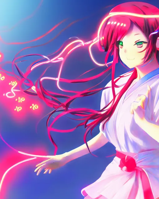 Image similar to anime style, vivid, expressive, full body, 4 k, painting, a cute magical girl idol with a long wavy hair wearing a kimono outfit, correct proportions, stunning, realistic light and shadow effects, neon lights, studio ghibly makoto shinkai yuji yamaguchi