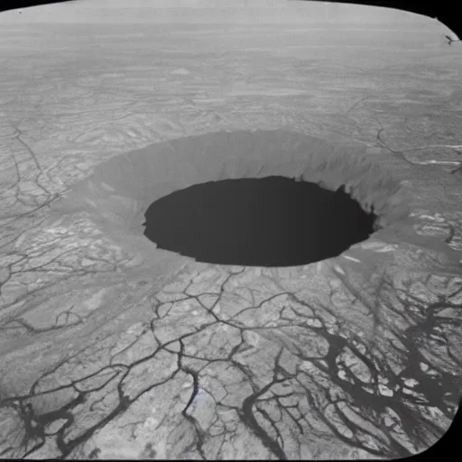 Prompt: a large nuclear crater in manhattan, there is smoking coming from the city, taken from a plane, realistic, taken on a ww 2 camera.