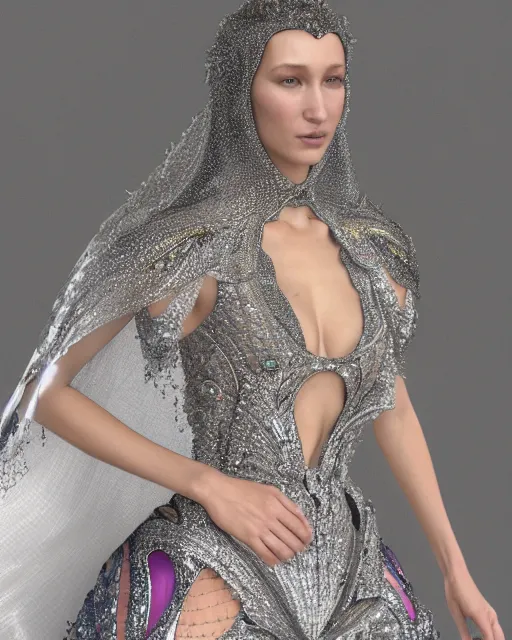 Image similar to a highly detailed metahuman 8 k close up render of bella hadid with a veil on her head and face renaissance in iris van herpen dress schiaparelli in diamonds crystals swarovski and jewelry iridescent in style of alphonse mucha trending on artstation made in unreal engine 4