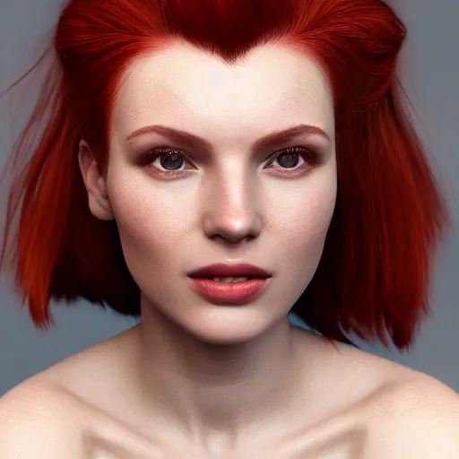 Image similar to a beautiful girl with red hair, happy expression, style of julia razumova, portrait, unreal engine, octane rendering, 8 k, closeup headshot, smooth, trending on artstation, digital illustration,.