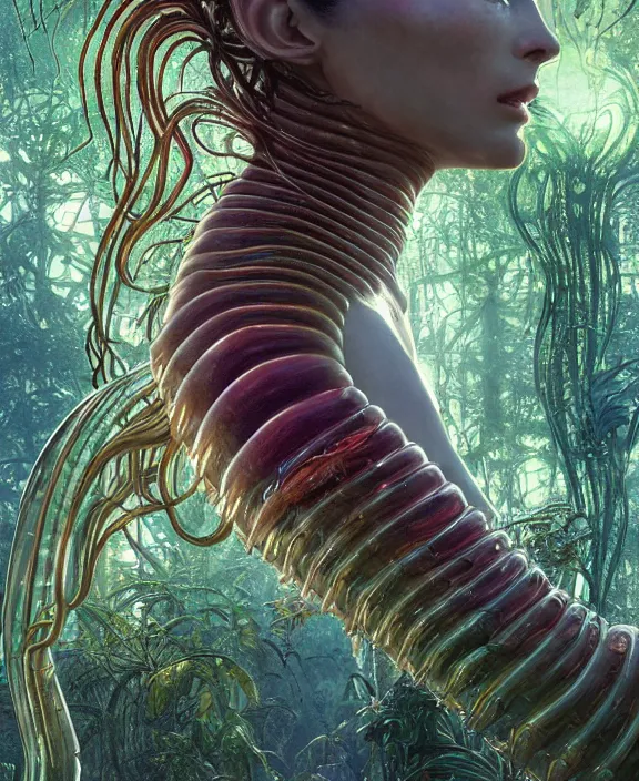 Prompt: opulent transparent clear see - through portrait of a terrifying beautiful male alien centipede ai software, mottled coloring, adorable, childlike, overgrown biopunk jungle environment, ultra realistic, concept art, art nouveau, photorealistic, octane render, 8 k, unreal engine. art by christopher marley and artgerm and greg rutkowski and alphonse mucha