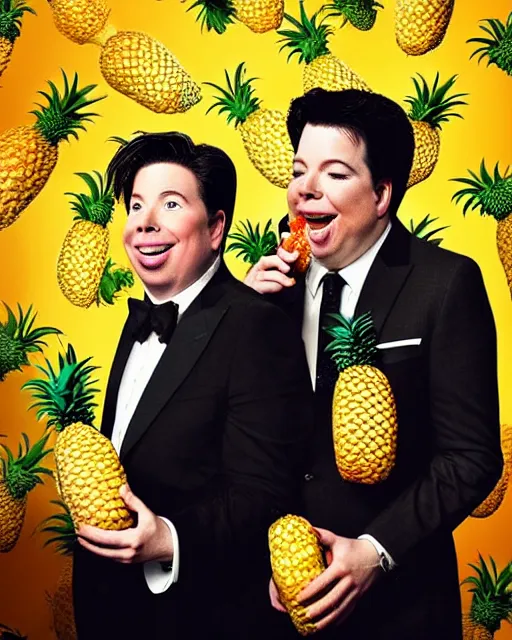 Prompt: Michael Mcintyre & white Michael Jackson eating pineapples in a nightclub,real life skin, intricate, elegant, highly detailed, artstation, concept art, smooth, sharp focus, photo