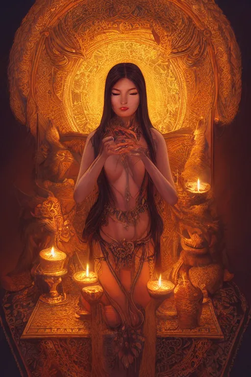 Prompt: Beautiful detailed portrait of an exotic goddess lit by candles, Nick Silva, Shin JeongHo, Wandah Kurniawan, Symmetrical composition with people centered, realistic proportions, trending on artstation